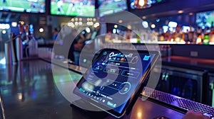Sports bar atmosphere featuring a digital tablet showcasing live sporting events and betting options