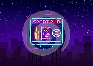 Sports bar logo neon vector. Sports pub neon sign, Football scoreboard concept, nightlife bright signboard for sports
