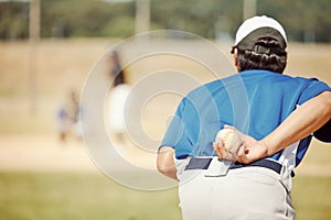 Sports, baseball pitch and pitcher with ball, ready to throw to player with bat. Fitness, exercise and athlete focus on