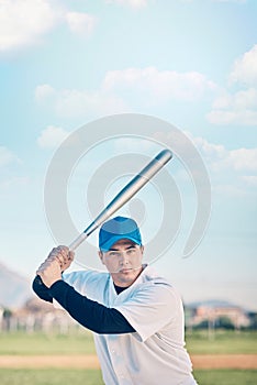 Sports, baseball and portrait of man with bat on field ready to hit ball in game, practice and competition. Fitness