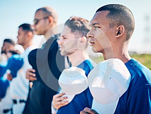 Sports, baseball team and man singing anthem at game start, athlete club competition or softball field tournament. USA