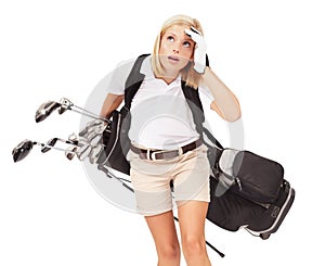 Sports, beauty and woman with golf bag isolated with white background, fitness, sport and caddy looking up. Golf