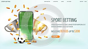 Sports betting, banner with smartphone with stadium on screen, champion cups, falling gold coins and football ball