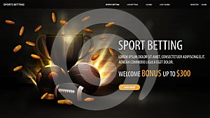 Sports betting, black banner with black champion cup, black sport balls and falling gold coins in black scene.