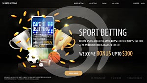 Sports betting, black banner with black hexagon podium, smartphone, champion cups, falling coins and sport balls in dark scene