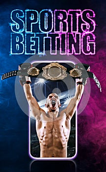 Sports betting on boxing. Boxer with winners belt winning bet.