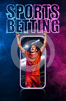 Sports betting on football. Design for a bookmaker. Download banner for sports website. Soccer player winner on a fiery photo
