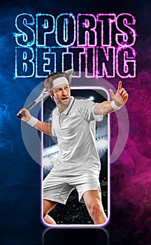 Sports betting on tennis. Tennis player with racket. Man athlete playing on grand arena with tennis courts. Mobile app