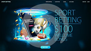 Sports betting, digital banner with smartphone, champion cups, falling gold coins and sport balls inside blue portal