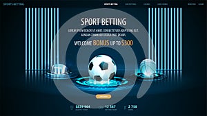 Sports betting, digital banner for website with sport balls on blue hologram digital podiums in dark empty scene photo