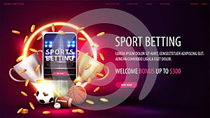 Sports betting, digital red banner with smartphone, champion cups, falling gold coins, sport balls and yellow neon ring. photo