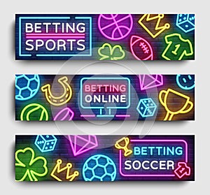 Sports betting horizontal banners vector. Design template neon web banner design element for websites, mobile apps