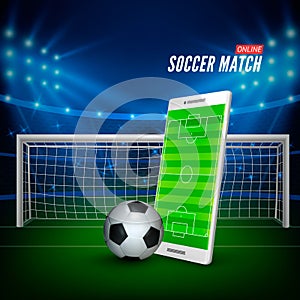 Sports betting online. Bets web banner concept. Soccer stadium background and smartphone with football field on screen and ball