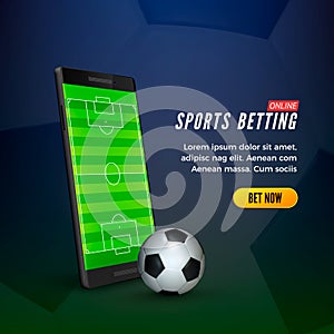 Sports betting online web banner concept. Mobile phone with socer field on screen and ball. Vector