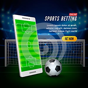 Sports betting online web banner concept. Soccer stadium background and smartphone with football field on screen and ball