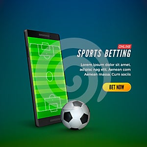Sports betting online web banner template. smartphone with football field on screen and soccer ball. Vector