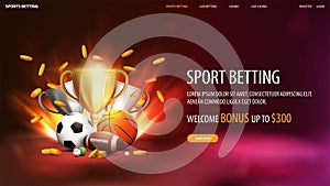 Sports betting, red web banner with offer, champion cups, sport balls and falling gold coins in red scene