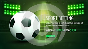 Sports betting, welcome bonus, green banner with sport football ball on stadium with spotlight