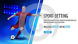 Sports betting, white and blue banner with soccer player on background with stadium arena with spotlights