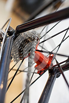 Sports bicycle red rear axle with racing cassette gears