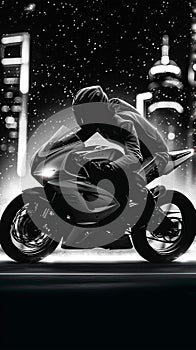 Sports bike rider, white and black backdrop, biker intensity