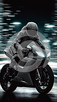 Sports bike rider, white and black backdrop, biker intensity