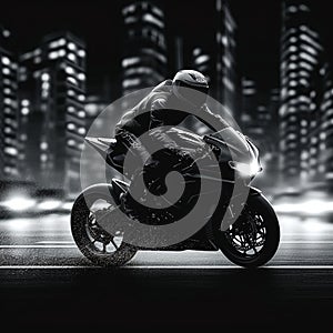 Sports bike rider, white and black backdrop, biker intensity