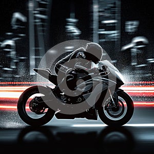 Sports bike rider, white and black backdrop, biker intensity