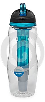 Sports bottle with a water filter. Water bottle filters the water to clean, drinkable.