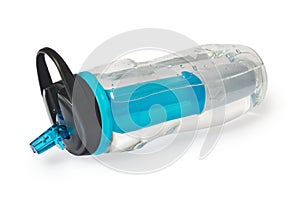Sports bottle with a water filter. Water bottle filters the water to clean, drinkable. photo