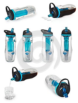 Sports bottle with a water filter. Water bottle filters the water to clean, drinkable. photo