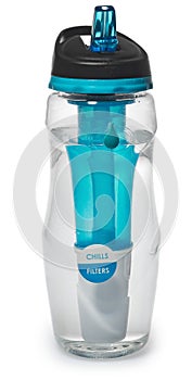 Sports bottle with a water filter. Water bottle filters the water to clean, drinkable. photo