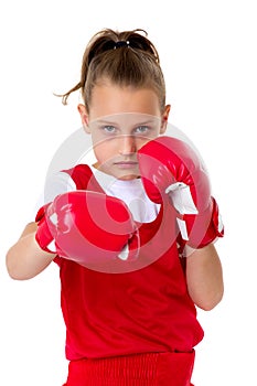 Sports boxer teenage girl, isolated on white background