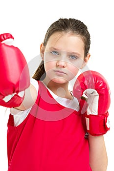 Sports boxer teenage girl, in the studio for white background.