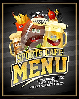 Sports cafe menu cover design template with rugby ball and funny beer mug