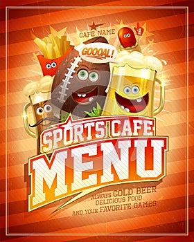 Sports cafe menu cover with rugby ball and funny food personages