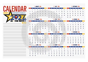 Sports calendar 2024. Vector template. Basketball competitions. Planner 2024 year. Wall calendar.