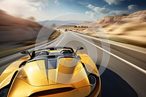 Sports car in action, speeding down a scenic road, capturing the essence of exhilarating speed and dynamic motion