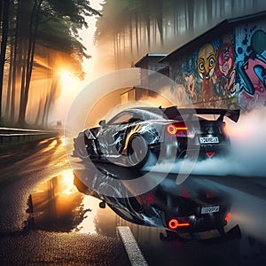 Sports car on the background of the sunset, graffiti, reflection of a car with smoke from under the wheels on a wet road