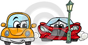 Sports car crashed cartoon illustration