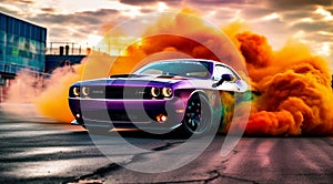 sports car doing burnout on nthe road, car on street, car wallpaper, sports car banner