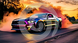 sports car doing burnout on nthe road, car on street, car wallpaper, sports car banner