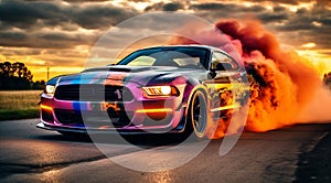 sports car doing burnout on nthe road, car on street, car wallpaper, sports car banner