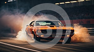 sports car doing burnout on the track, car close-up, super car on the road, car moving on the track, car in motion