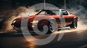 sports car doing burnout on the track, car close-up, super car on the road, car moving on the track, car in motion