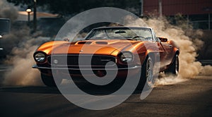 sports car doing burnout on the track, car close-up, super car on the road, car moving on the track, car in motion