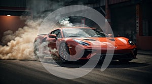 sports car doing burnout on the track, car close-up, super car on the road, car moving on the track, car in motion