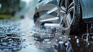 Sports car driven on rainy roads close up on wheel with motion blur effect