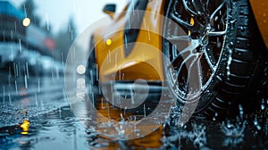 Sports car driven on rainy roads close up on wheel with motion blur effect