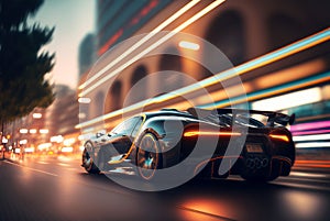 Sports car drives fast on city street, luxury auto at urban road at night, generative AI